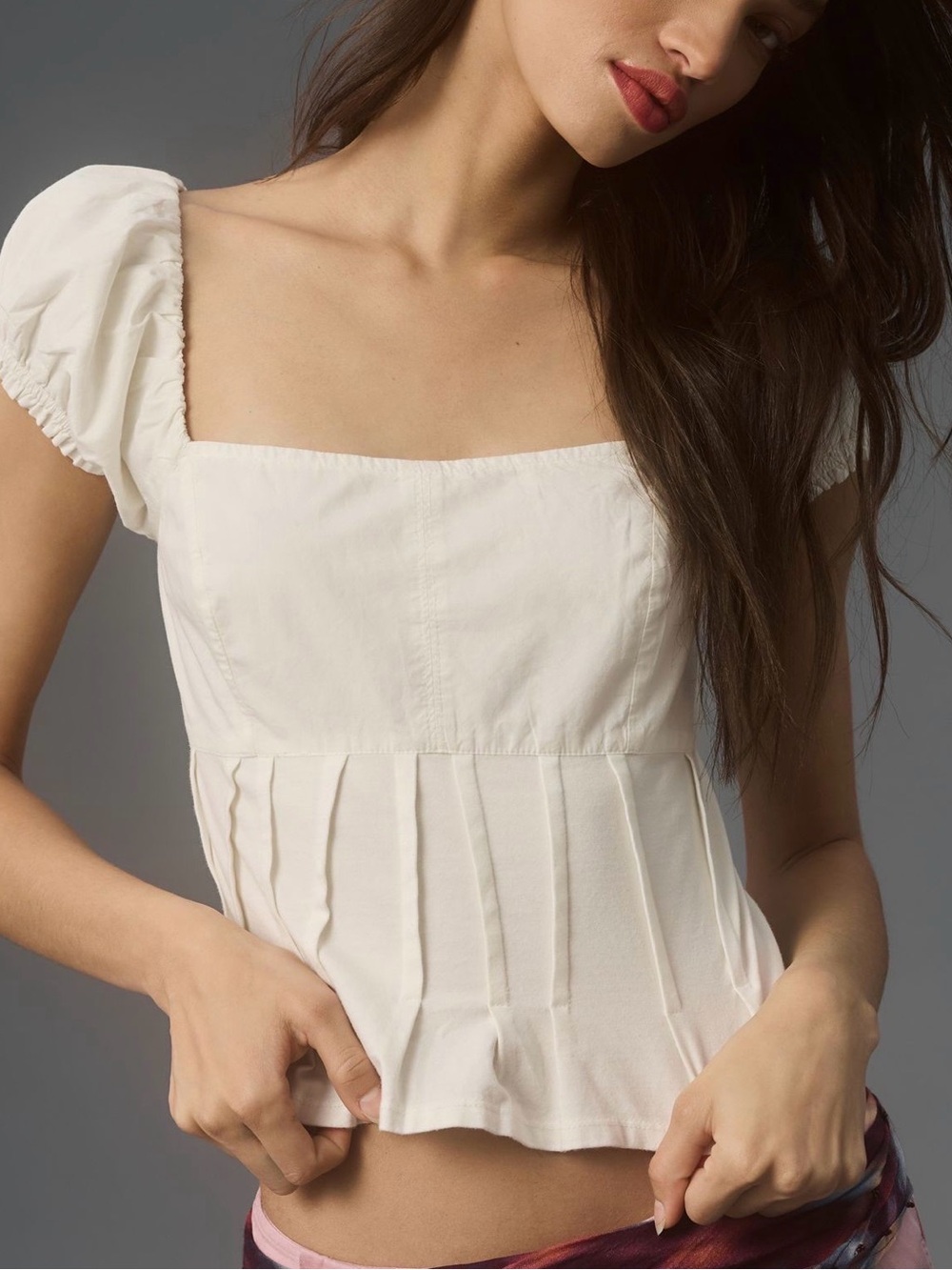 By Anthropologie White Square-Neck Puffed Cap-Sleeve Corset Top